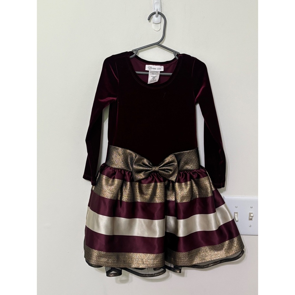 Bonnie‎ Jean Dress Velvet Gold Stripe Party Holiday Dress Girls Size 5